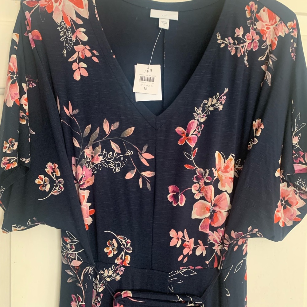 * New J Jill Below Knee Length Navy Blue Floral Design Dress SZ Medium *